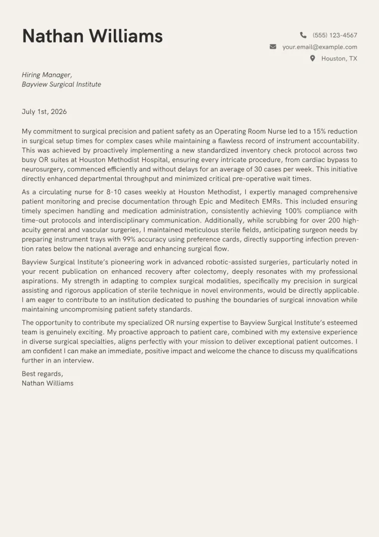 Operating Room Nurse Cover Letter Example