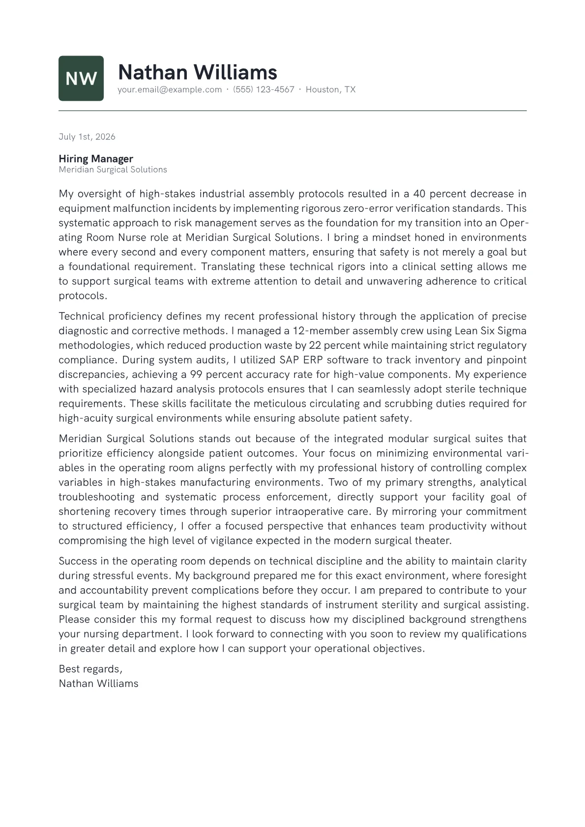 Operating Room Nurse cover letter in the Emblem design