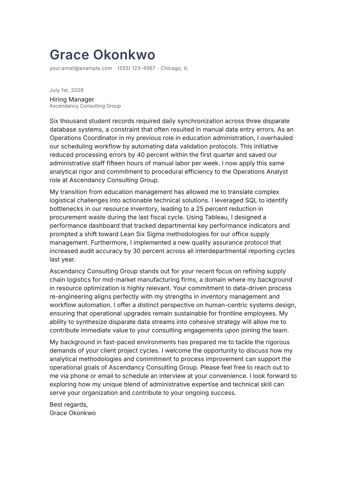 Operations Analyst cover letter in the Minimal design