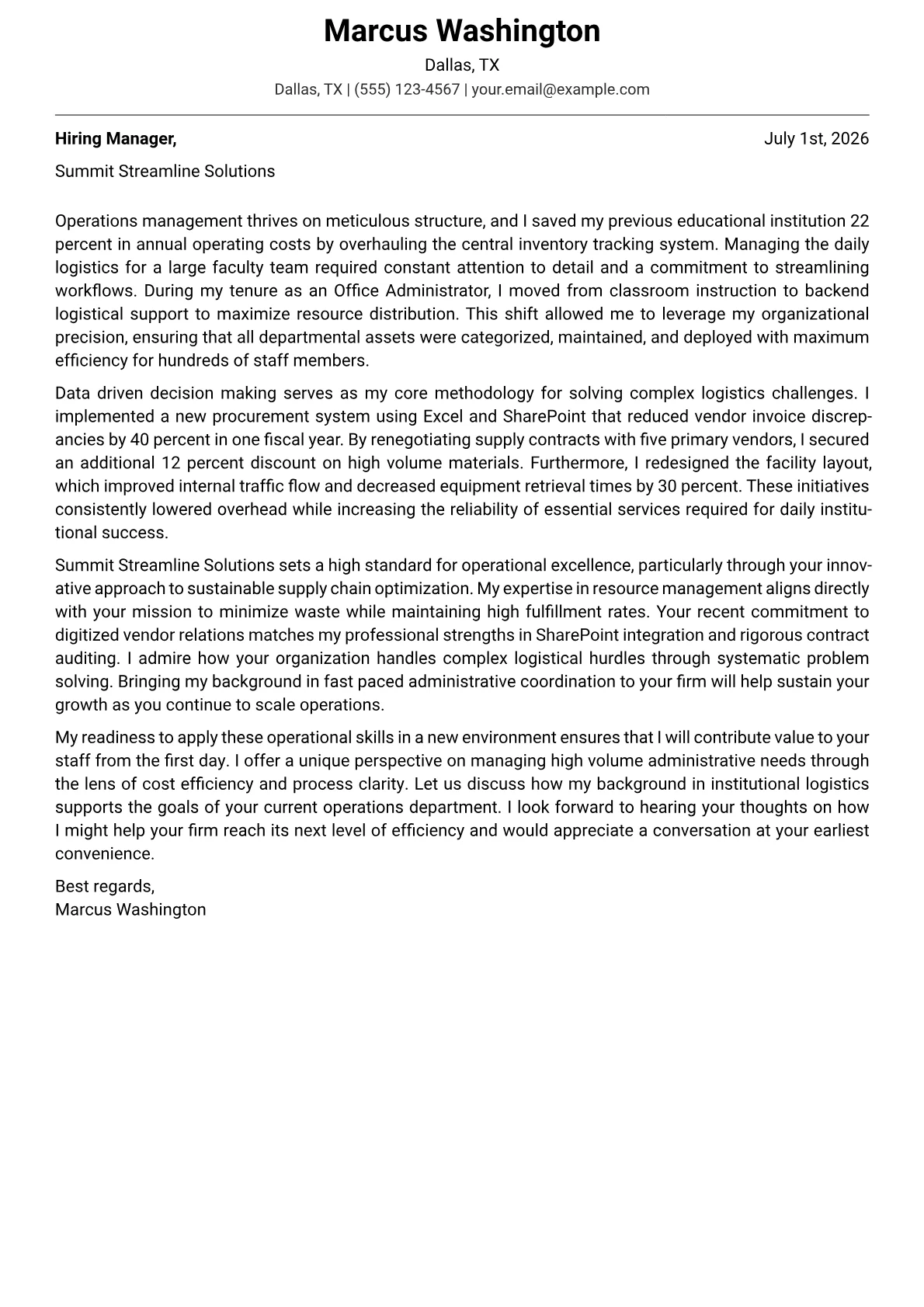 Operations Assistant cover letter in the Modern design