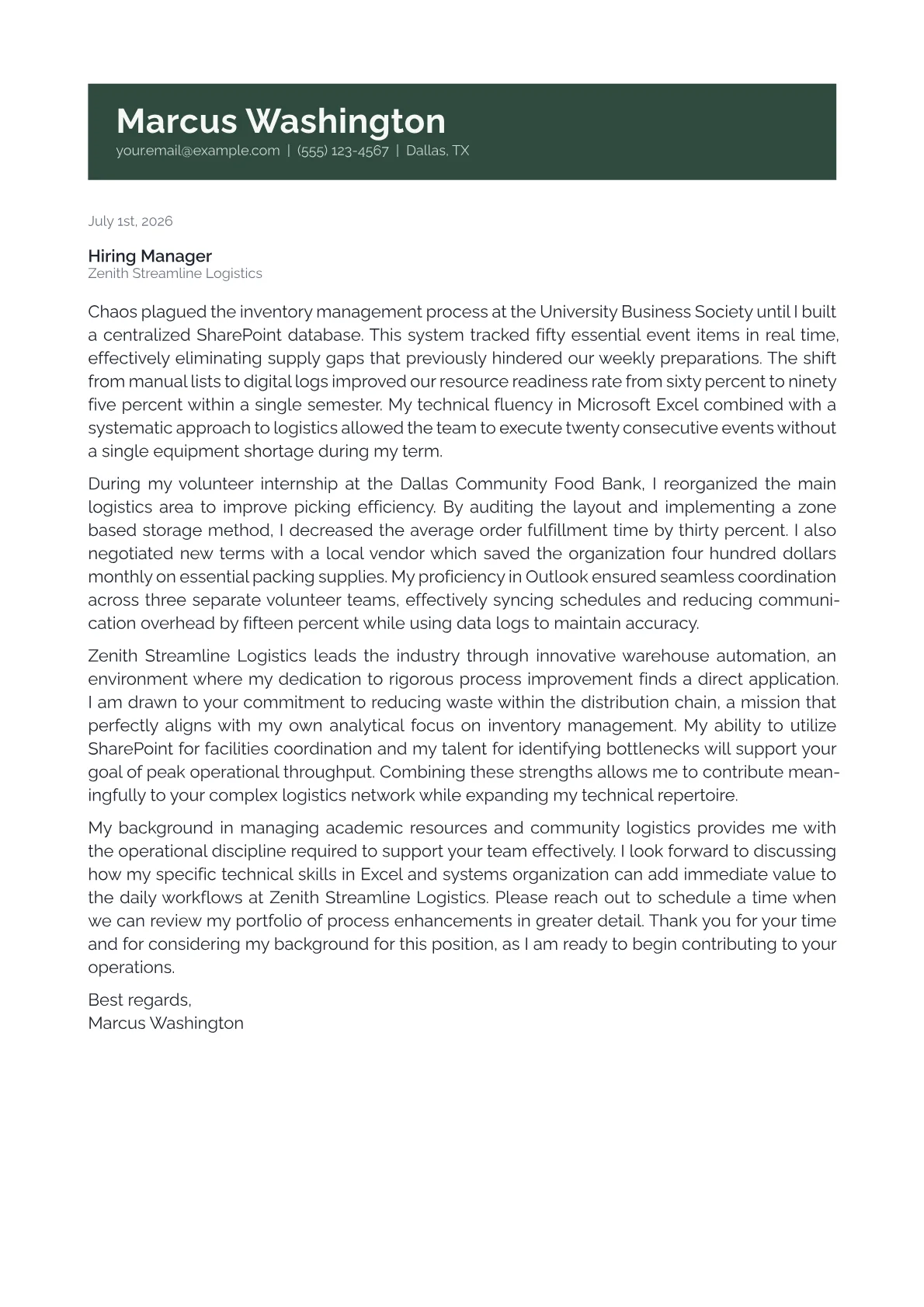 Operations Assistant cover letter in the Banner design