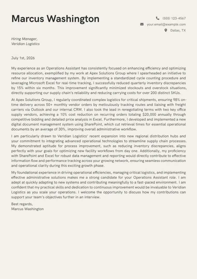 Operations Assistant cover letter example preview