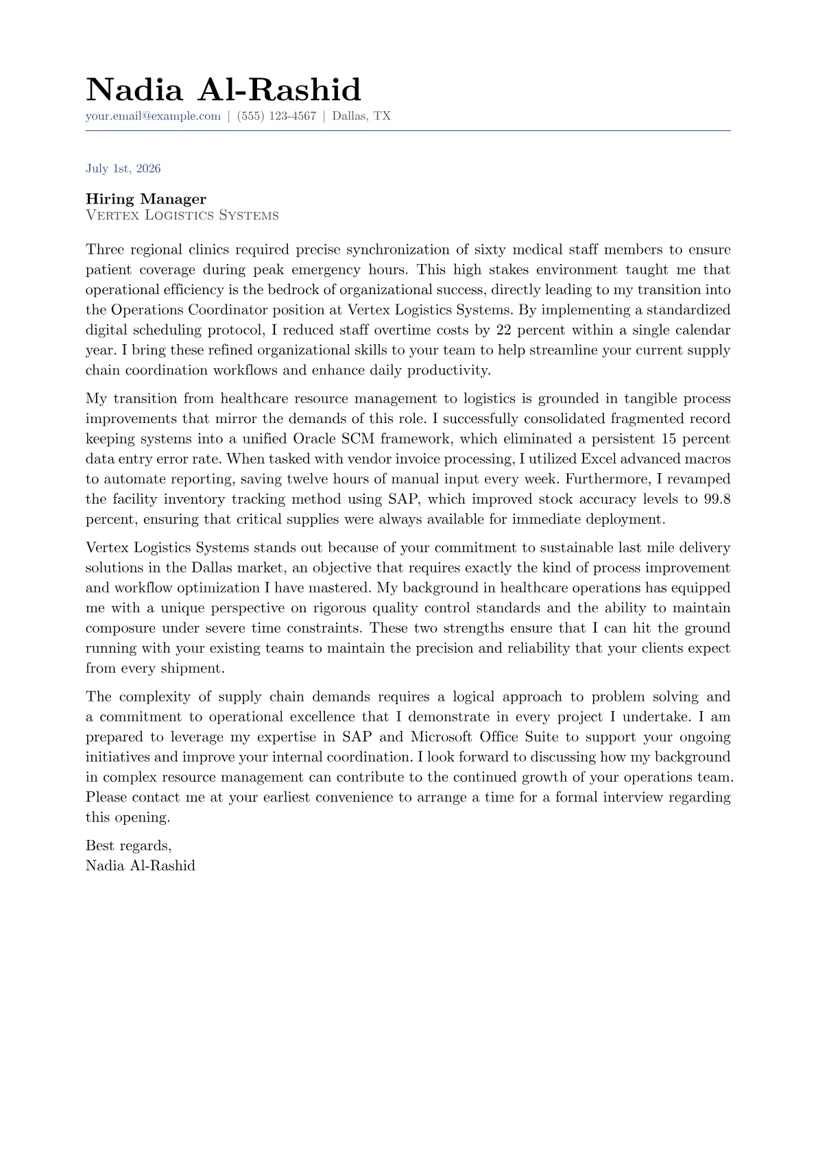 Operations Coordinator cover letter in the Classic design