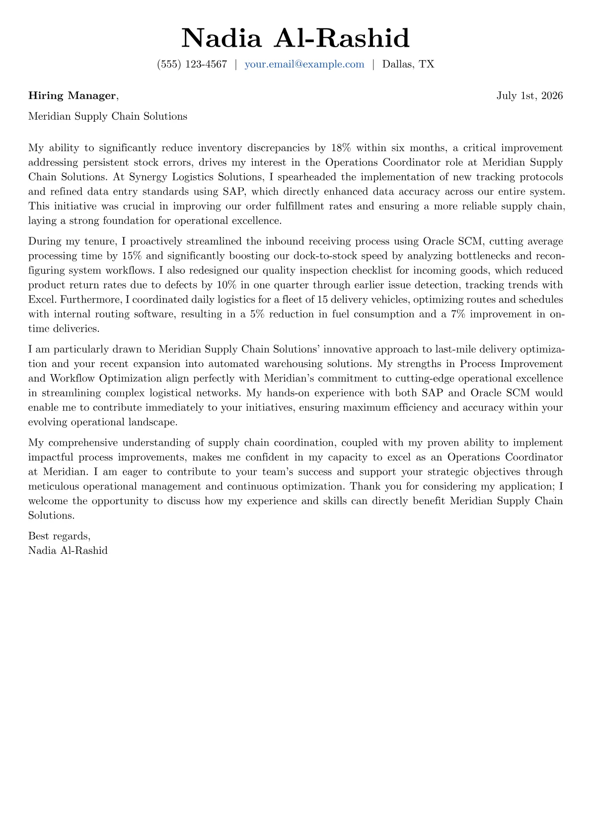 Operations Coordinator cover letter formatted with a JobSprout template