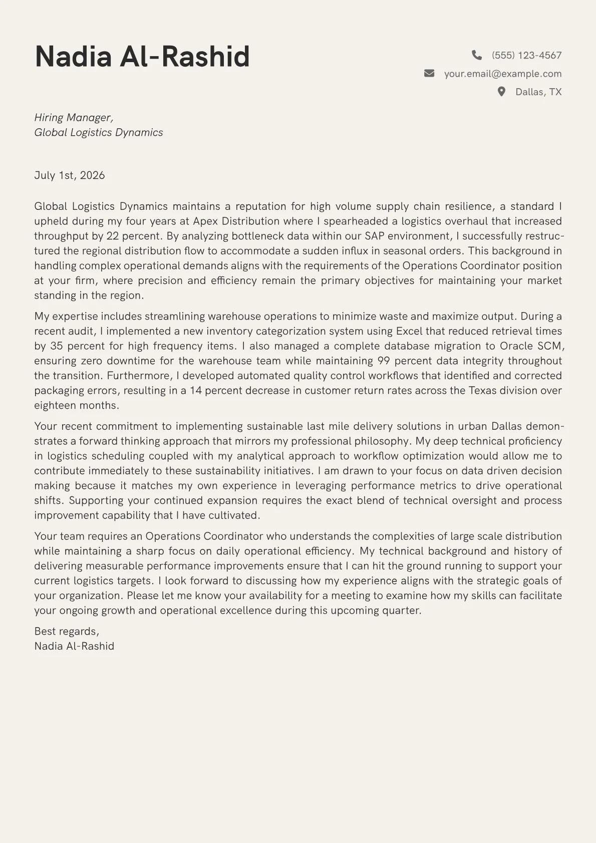 Operations Coordinator cover letter in the Creative design