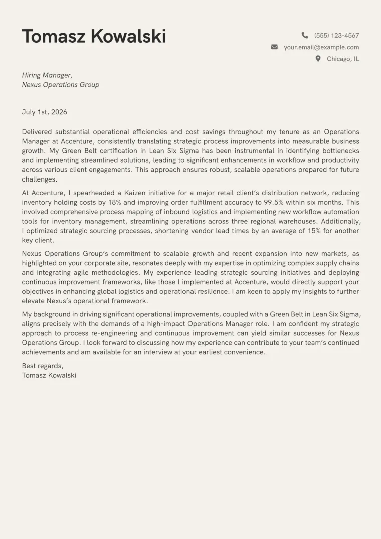 Operations Management cover letter example preview