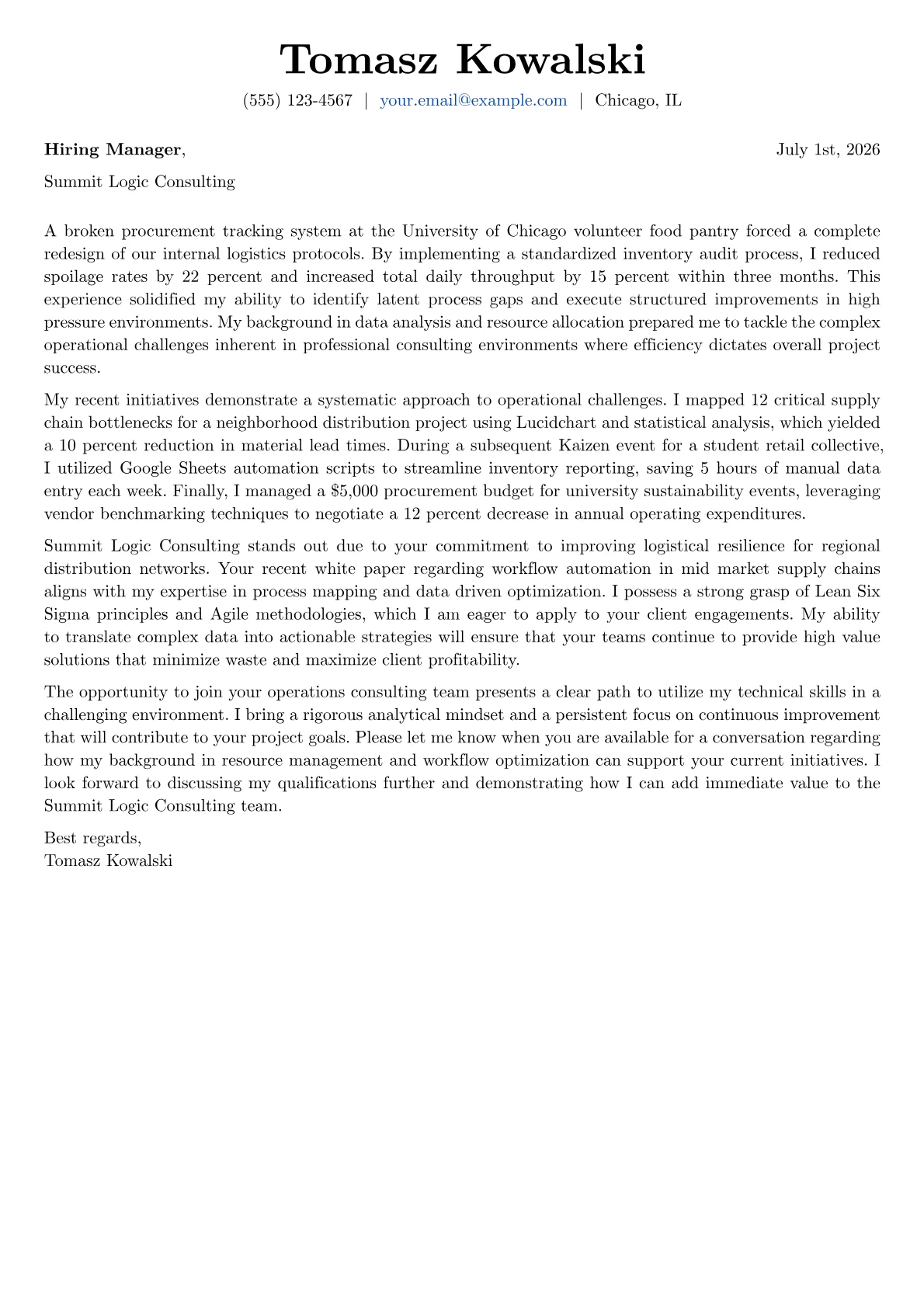 Operations Management cover letter in the Basic design