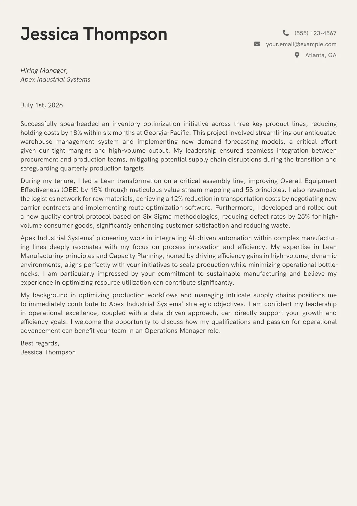 Operations Manager cover letter formatted with a JobSprout template
