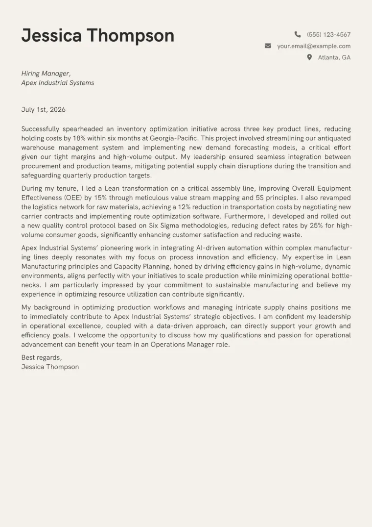 Operations Manager cover letter example