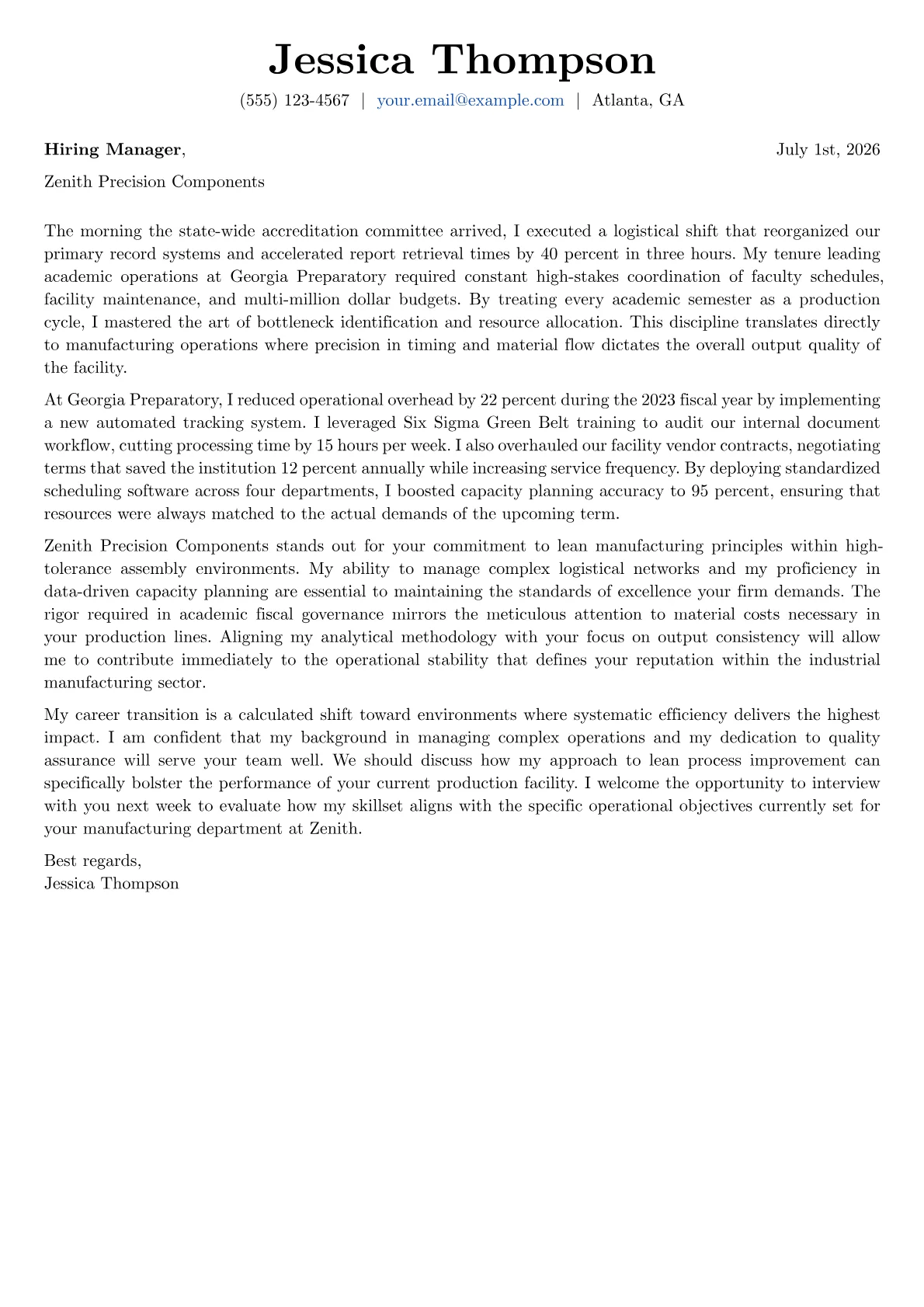 Operations Manager cover letter in the Basic design
