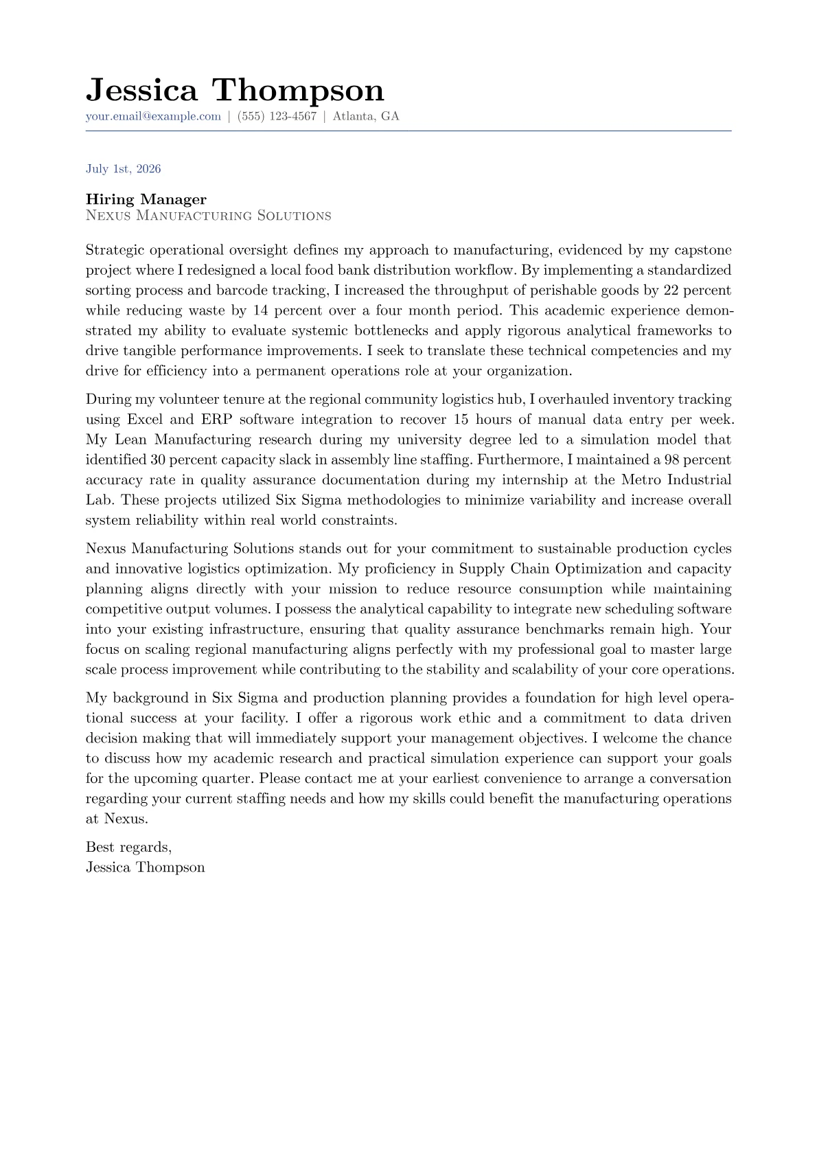 Operations Manager cover letter in the Classic design