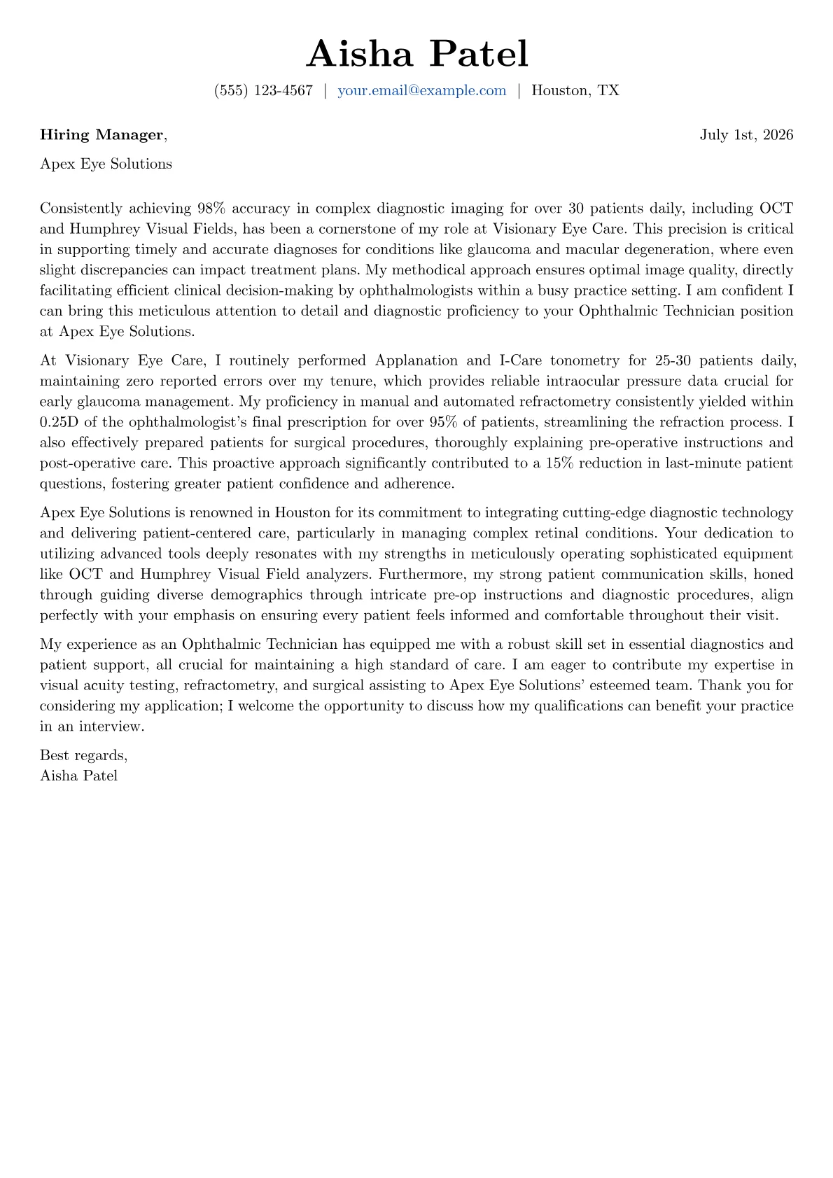 Ophthalmic Technician cover letter formatted with a JobSprout template