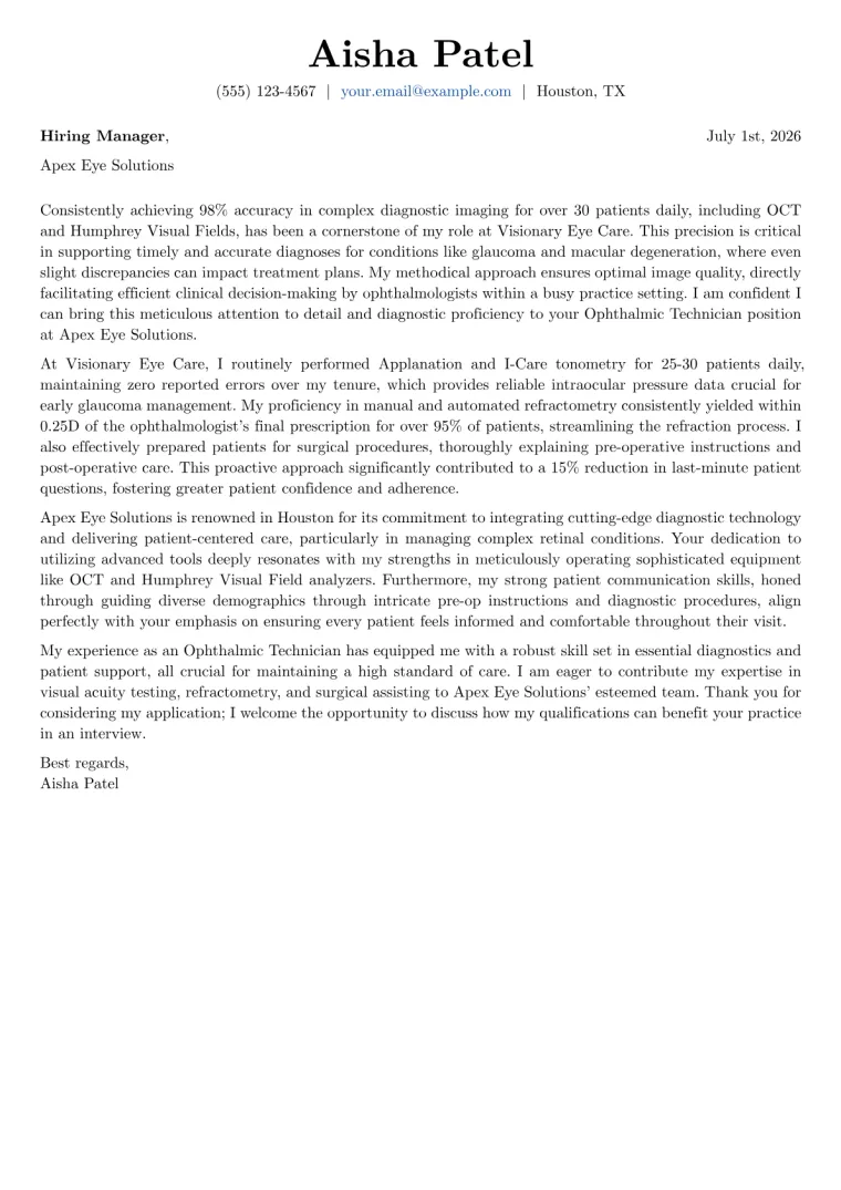Ophthalmic Technician cover letter example preview