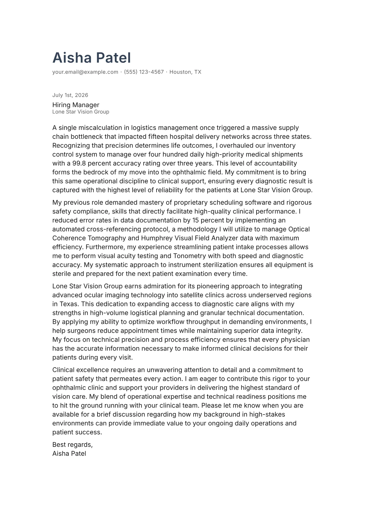 Ophthalmic Technician cover letter in the Minimal design
