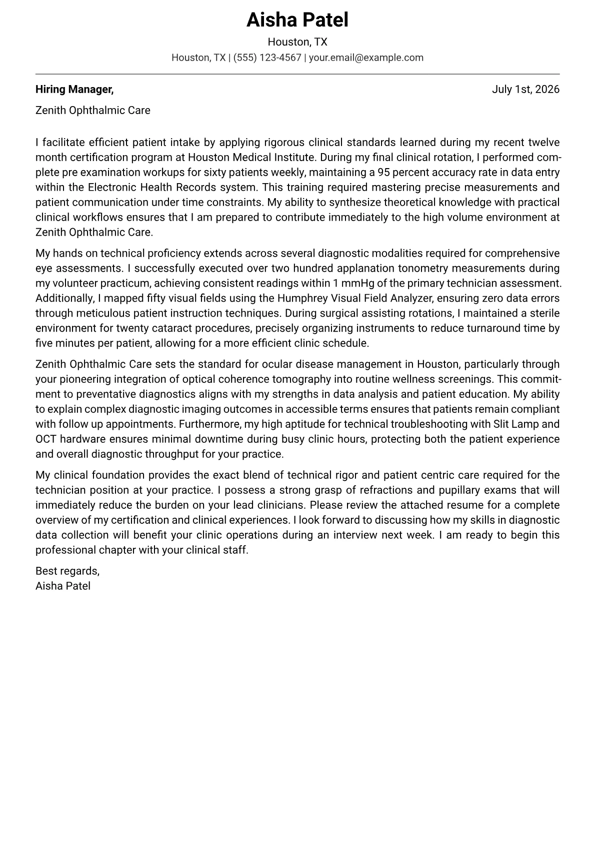 Ophthalmic Technician cover letter in the Modern design