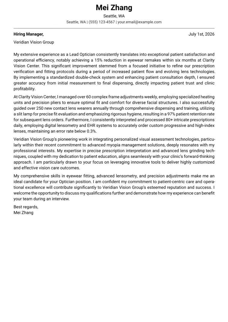 Optician Cover Letter Example