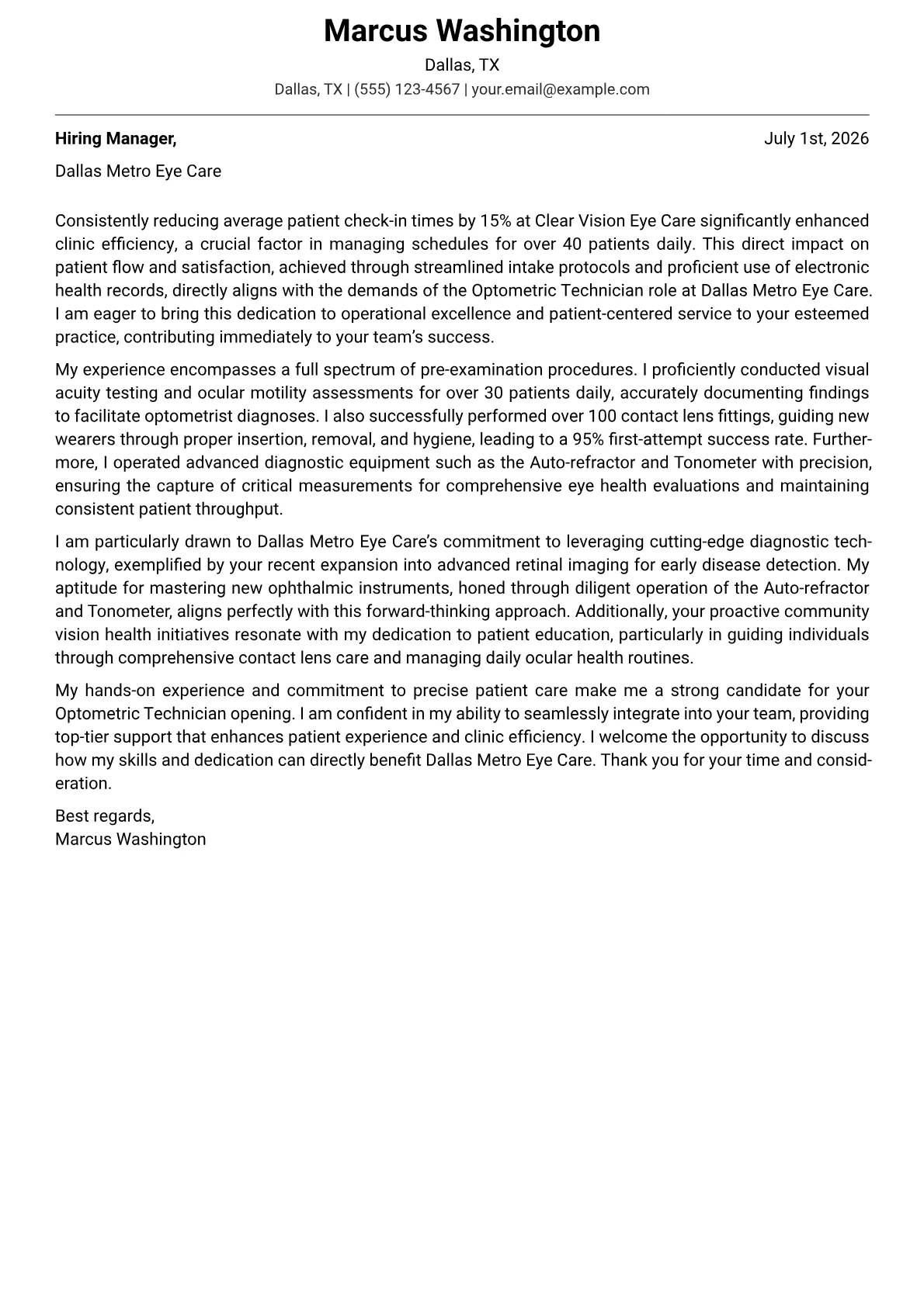 Optometric Technician cover letter formatted with a JobSprout template