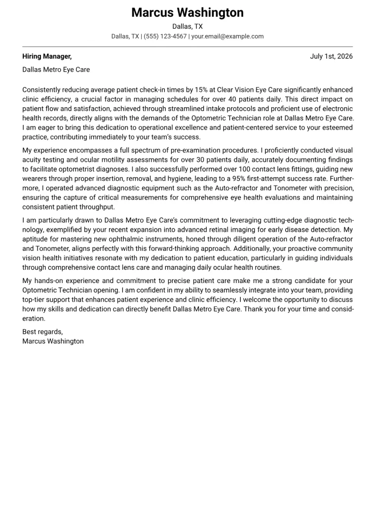 Optometric Technician cover letter example preview