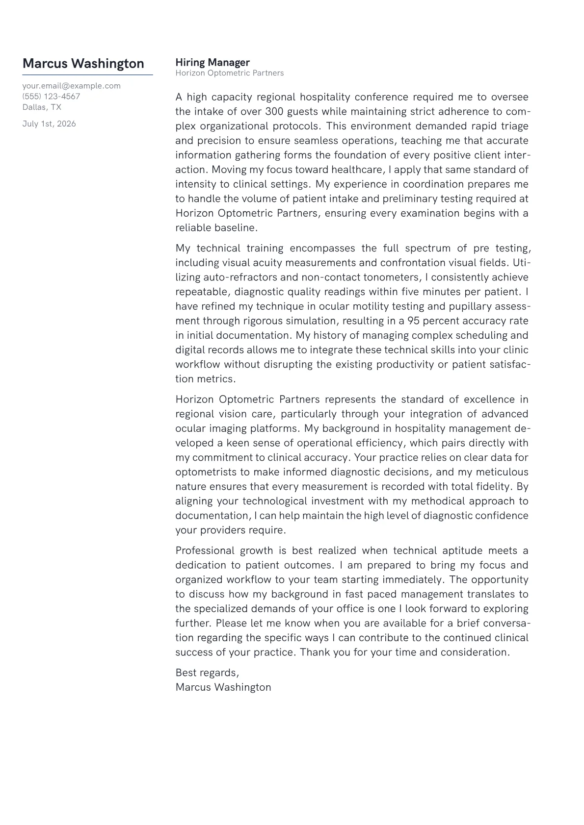 Optometric Technician cover letter in the Margin design
