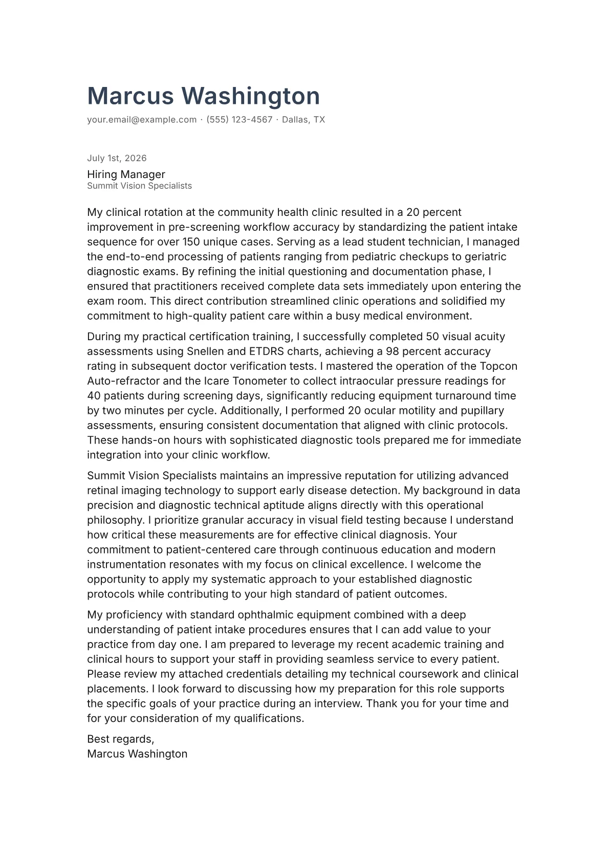 Optometric Technician cover letter in the Minimal design