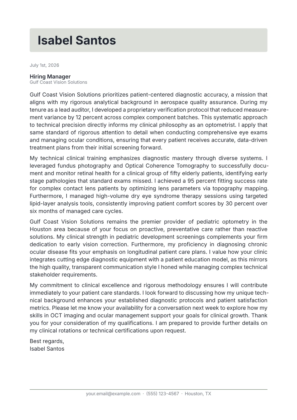 Optometrist cover letter in the Letterhead design