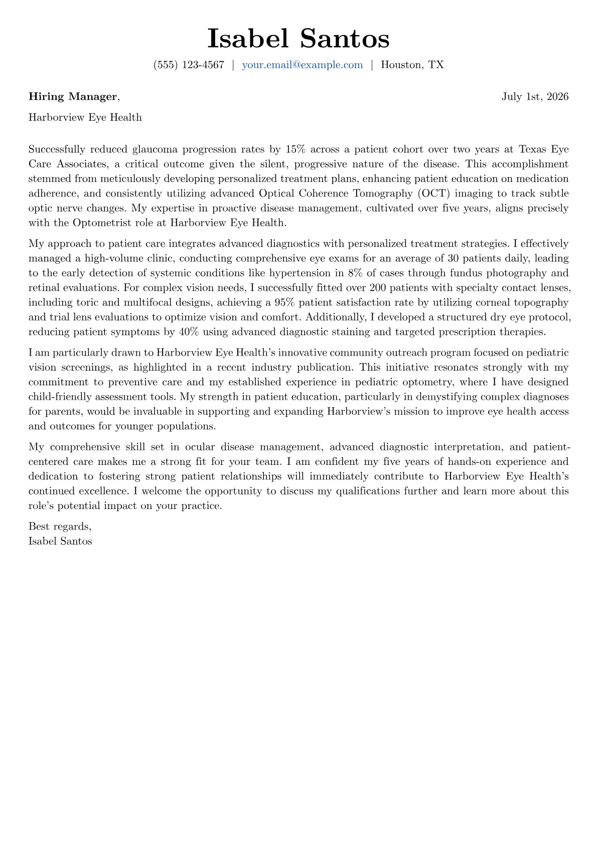 Optometrist cover letter formatted with a JobSprout template
