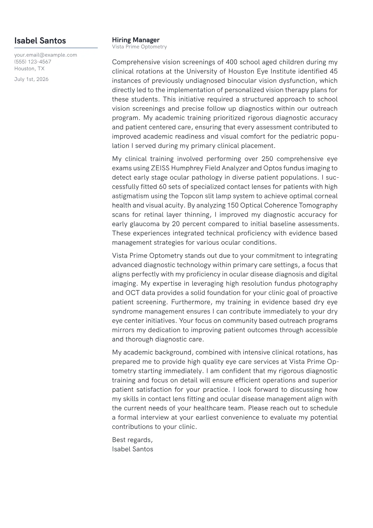 Optometrist cover letter in the Margin design