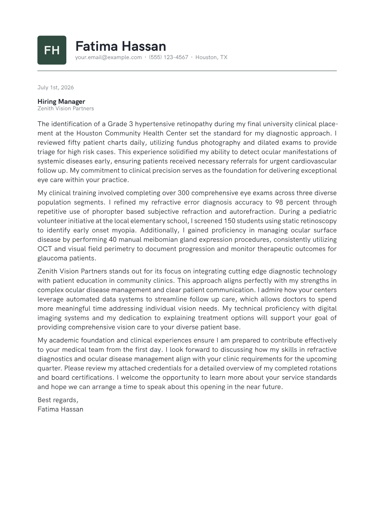 Optometry cover letter in the Emblem design
