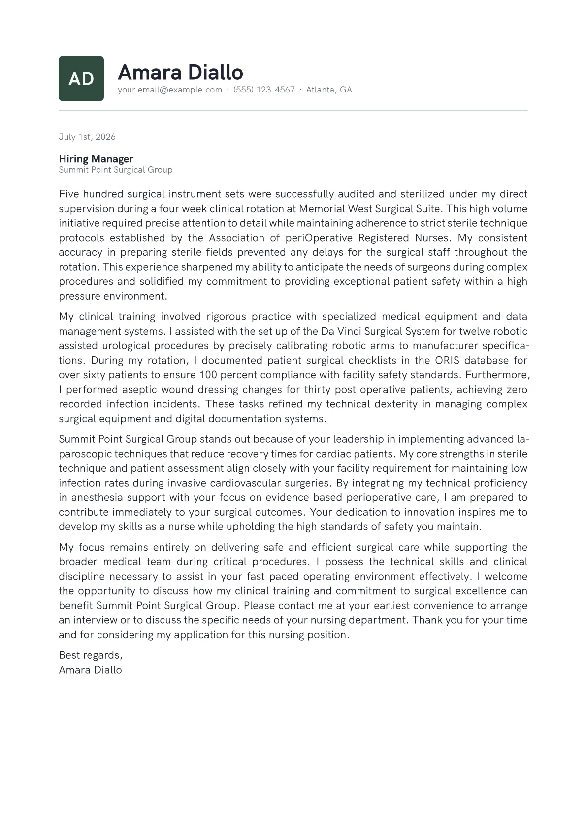 OR Nurse cover letter in the Emblem design