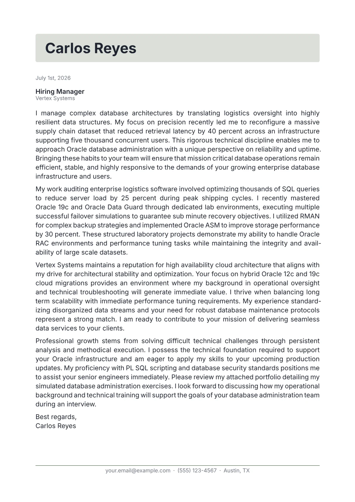 Oracle DBA cover letter in the Letterhead design