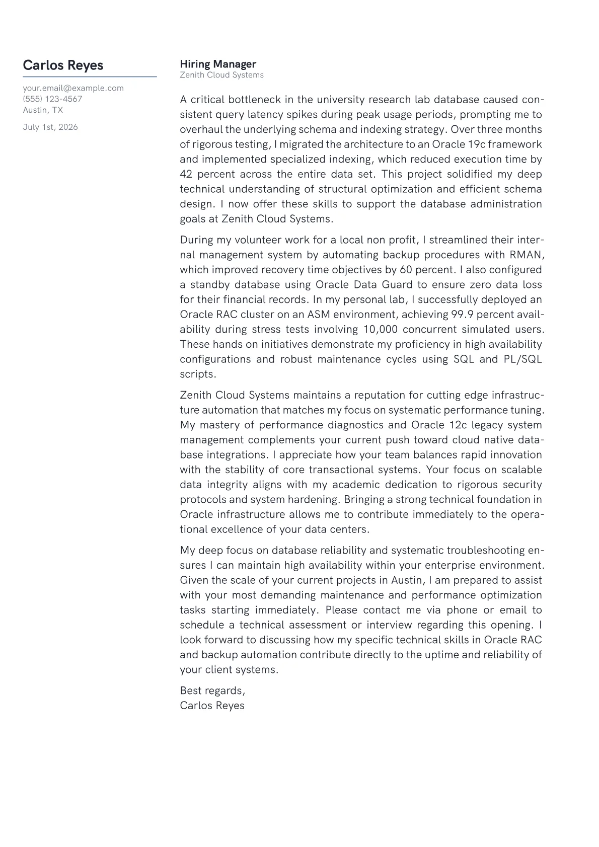 Oracle DBA cover letter in the Margin design