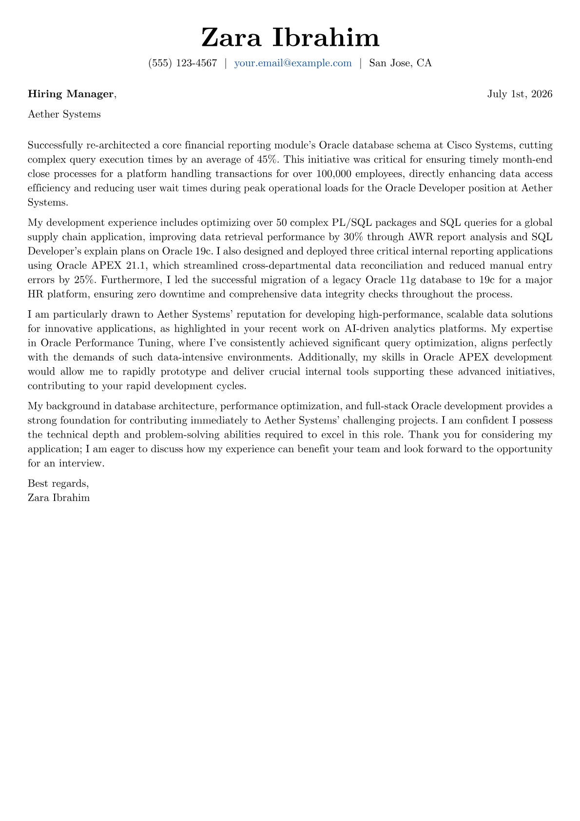 Oracle Developer cover letter formatted with a JobSprout template