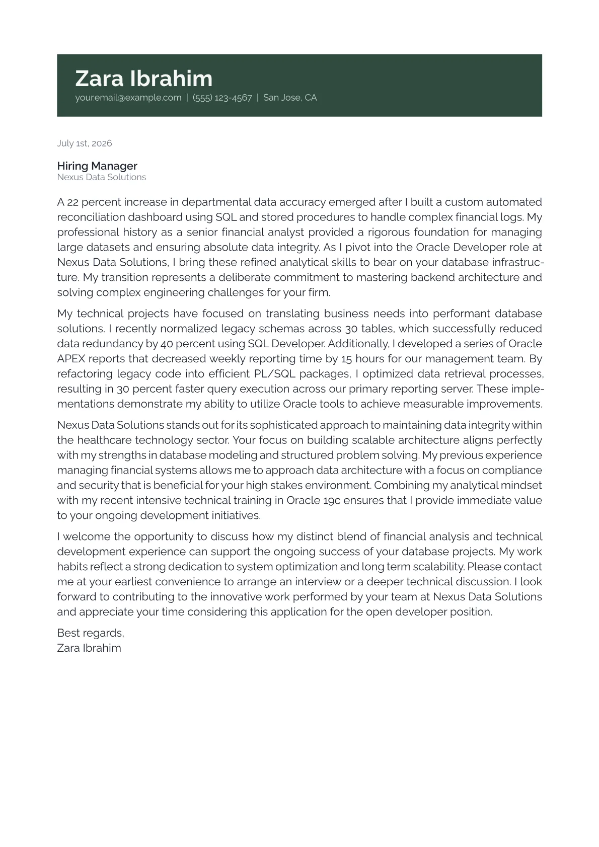 Oracle Developer cover letter in the Banner design