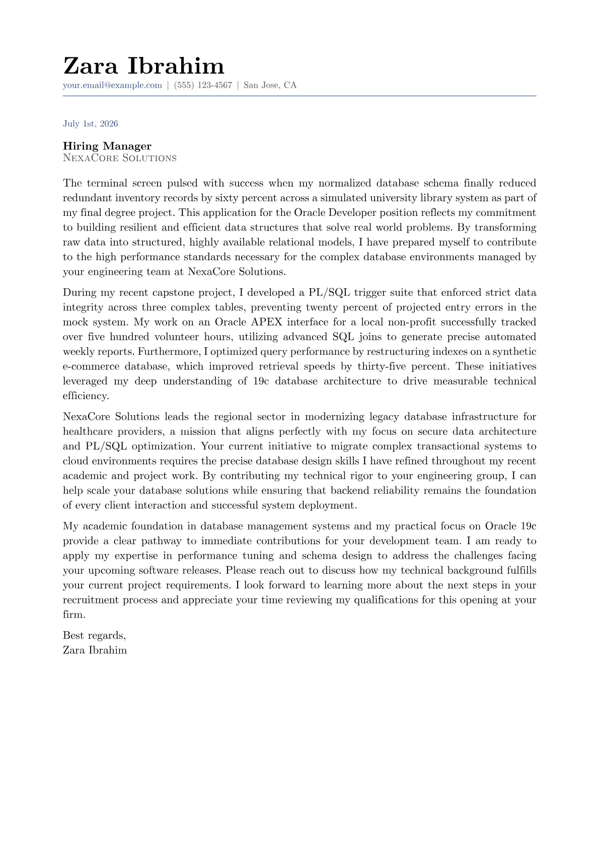 Oracle Developer cover letter in the Classic design