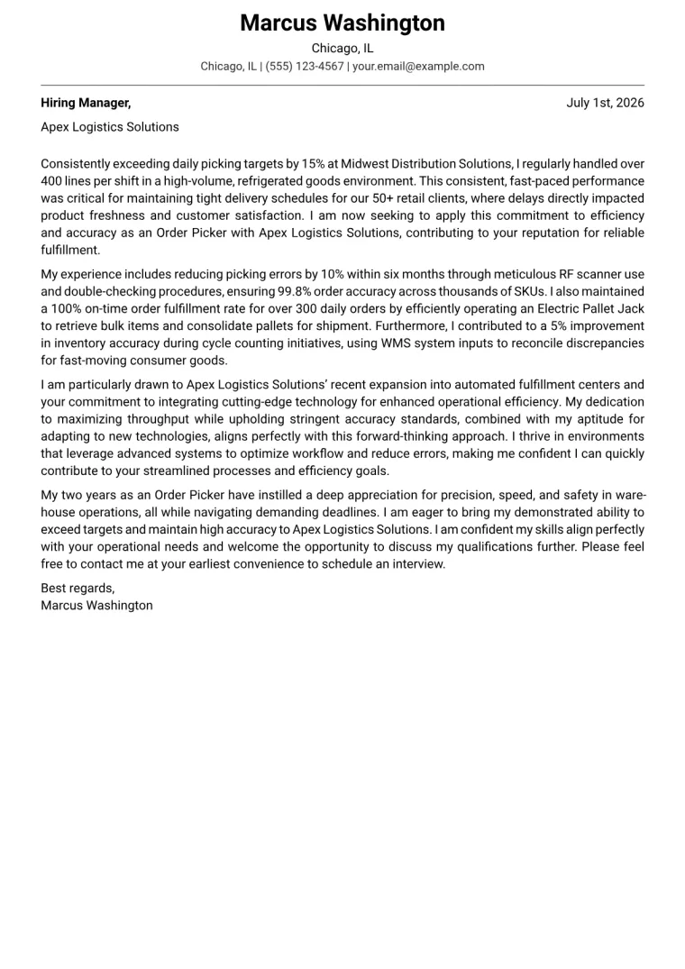 Order Picker Cover Letter Example