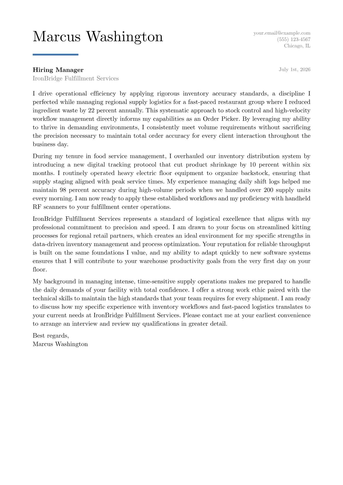 Order Picker cover letter in the Executive design