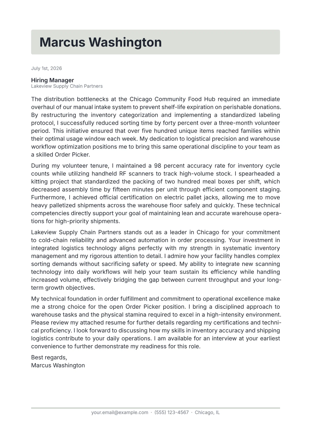 Order Picker cover letter in the Letterhead design