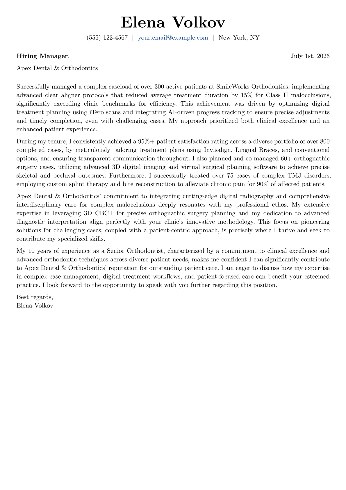 Orthodontist cover letter formatted with a JobSprout template