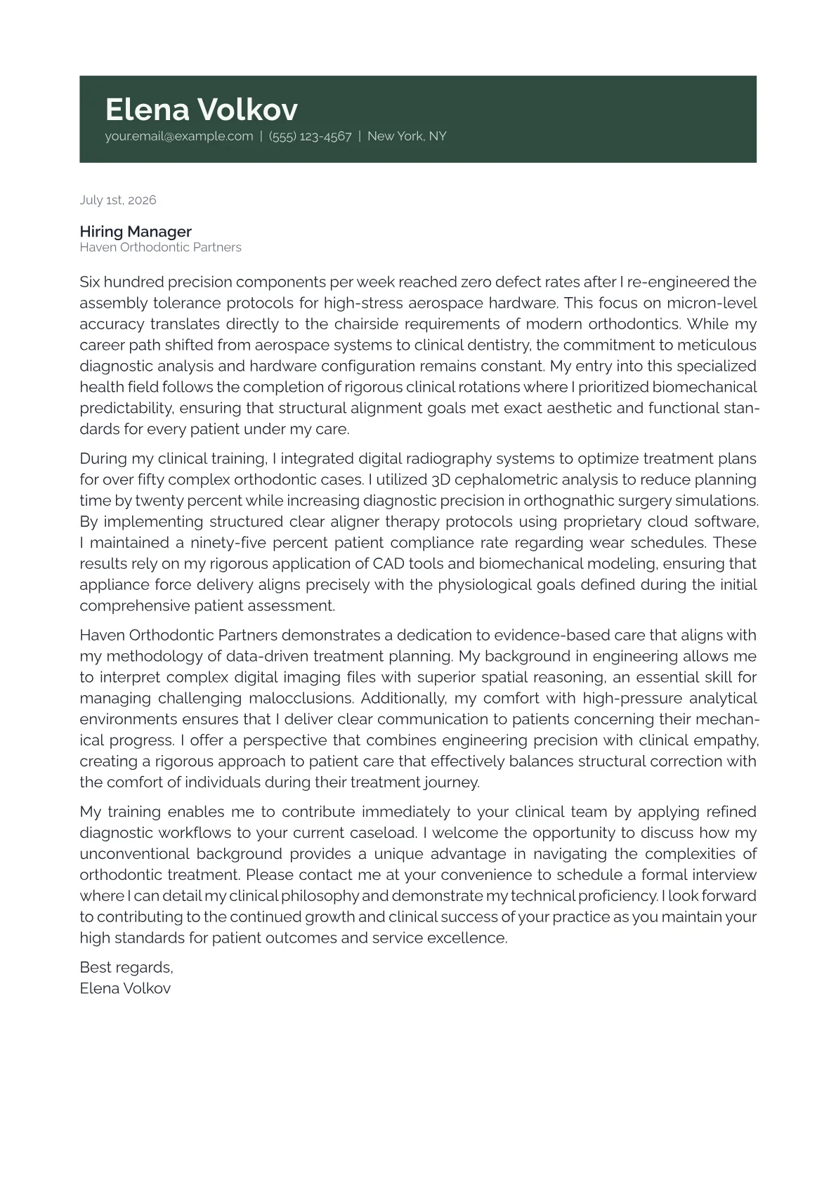 Orthodontist cover letter in the Banner design