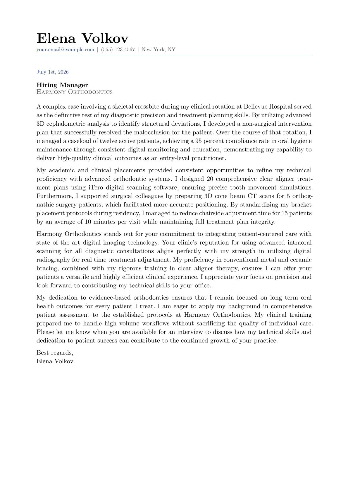 Orthodontist cover letter in the Classic design