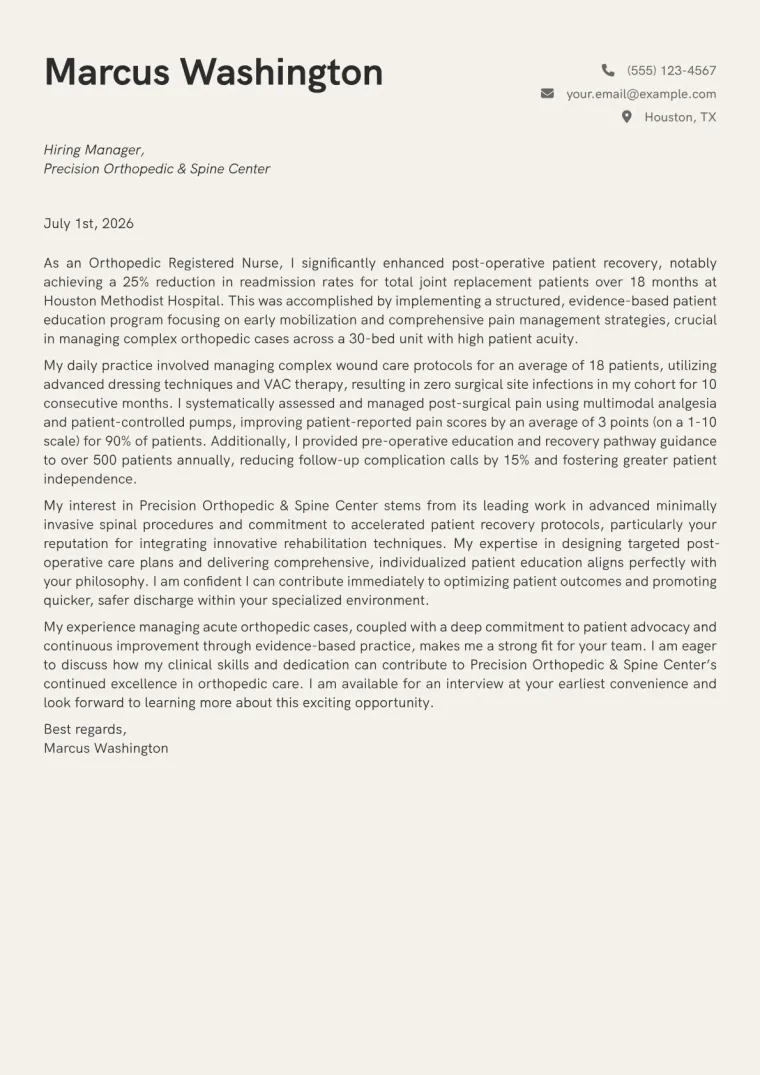 Orthopedic Nurse Cover Letter Example