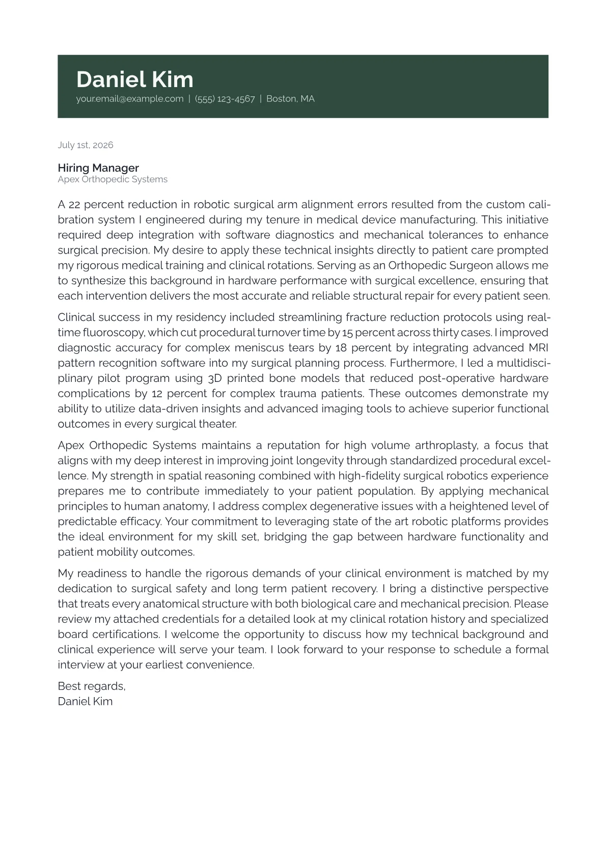 Orthopedic Surgeon cover letter in the Banner design
