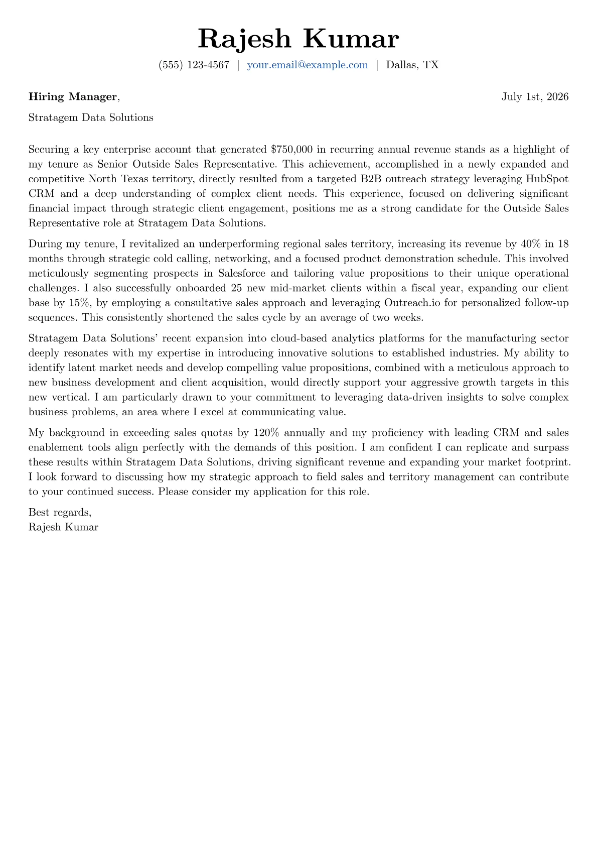 Outside Sales Representative cover letter formatted with a JobSprout template