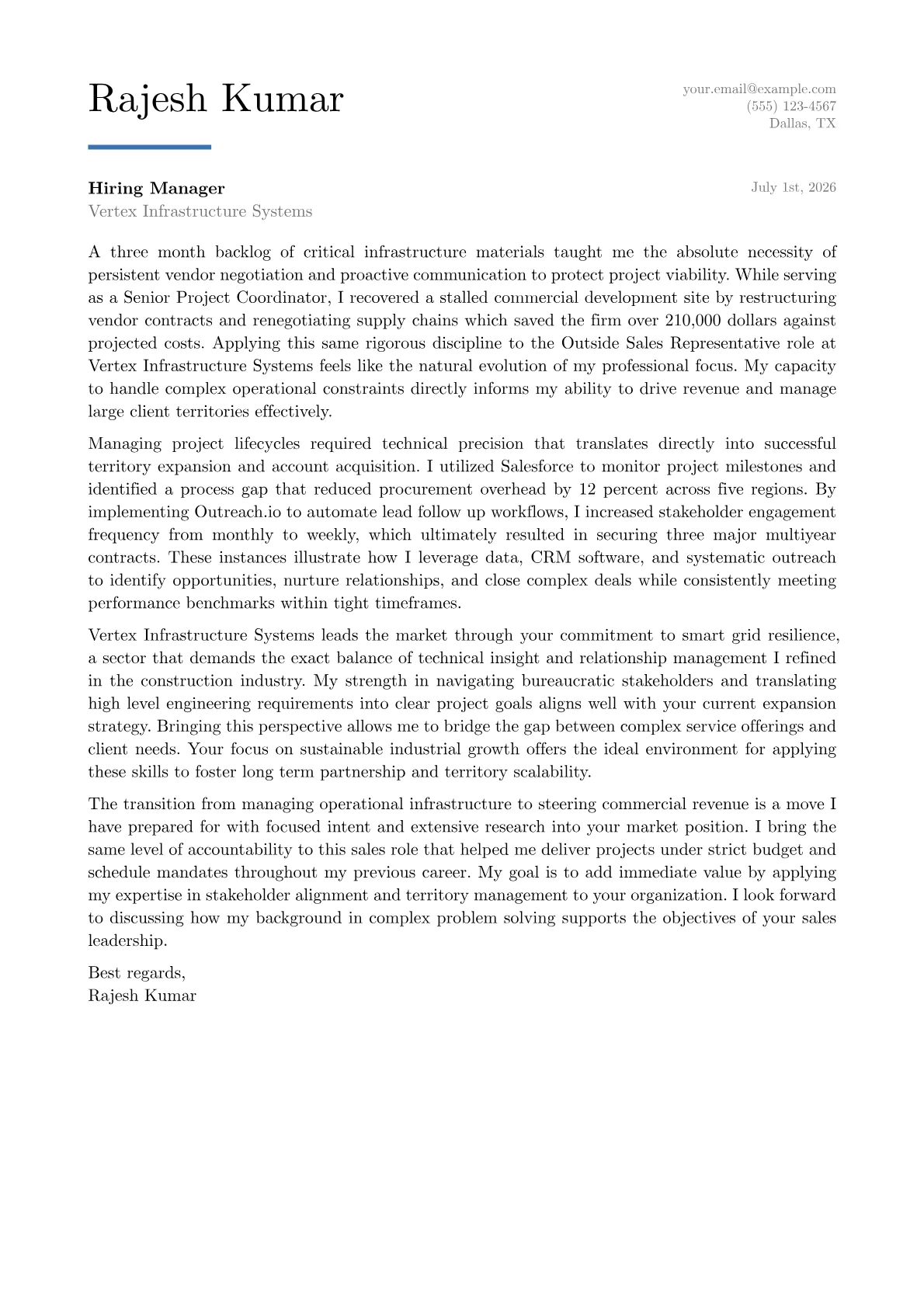 Outside Sales Representative cover letter in the Executive design
