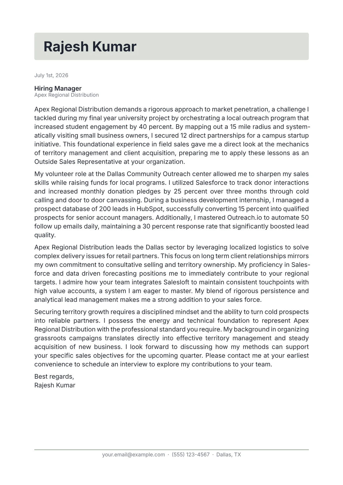Outside Sales Representative cover letter in the Letterhead design