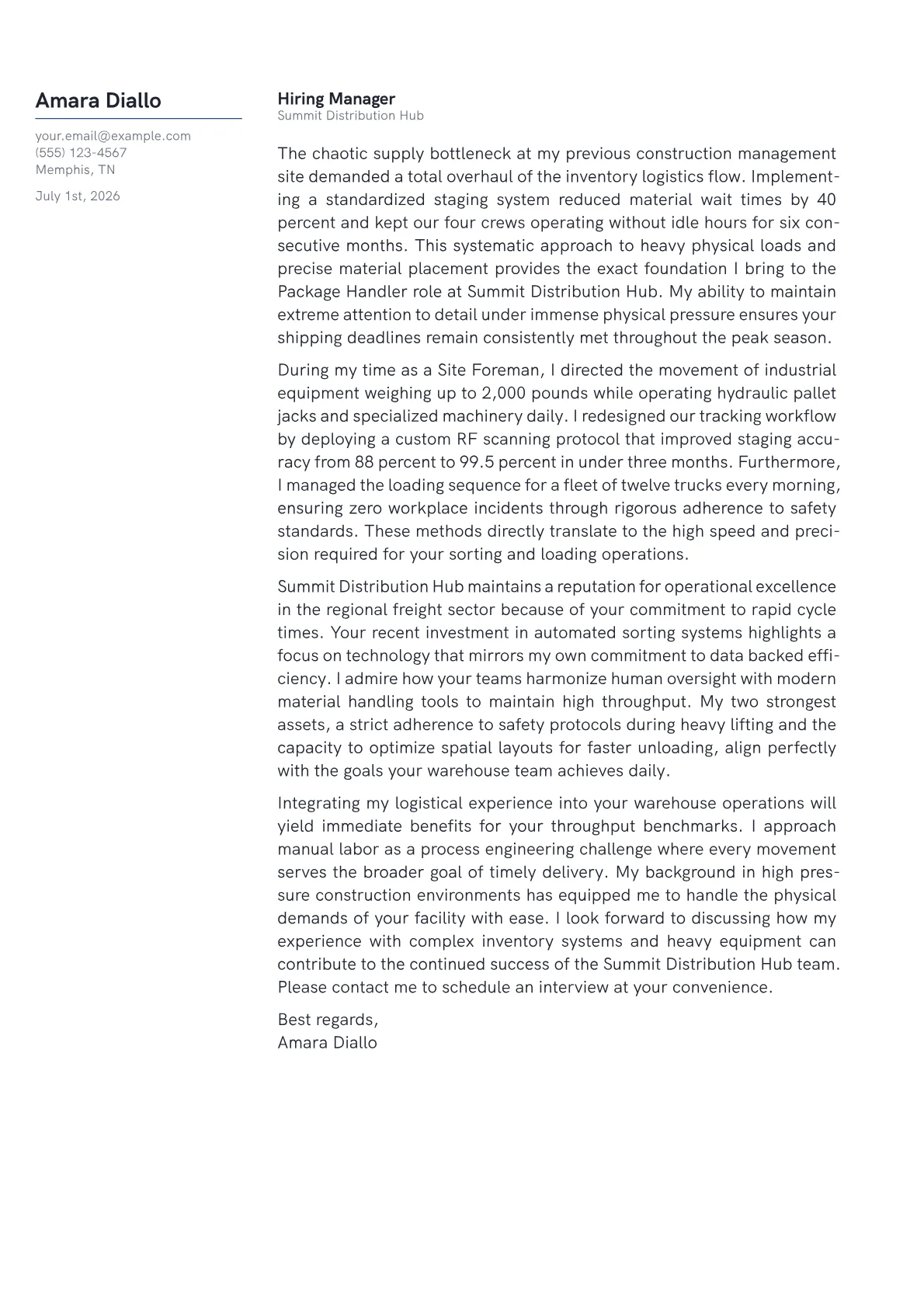 Package Handler cover letter in the Margin design