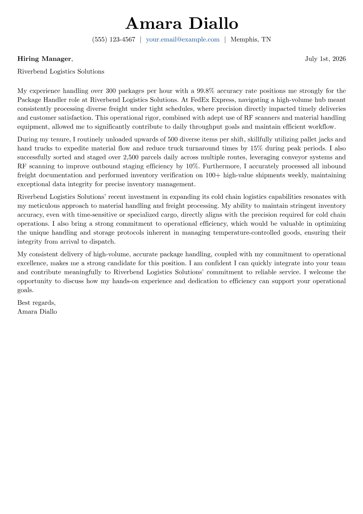 Package Handler cover letter formatted with a JobSprout template