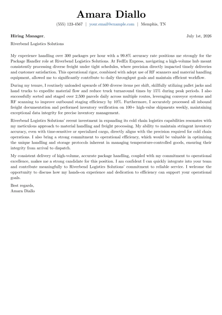 Package Handler Cover Letter Example
