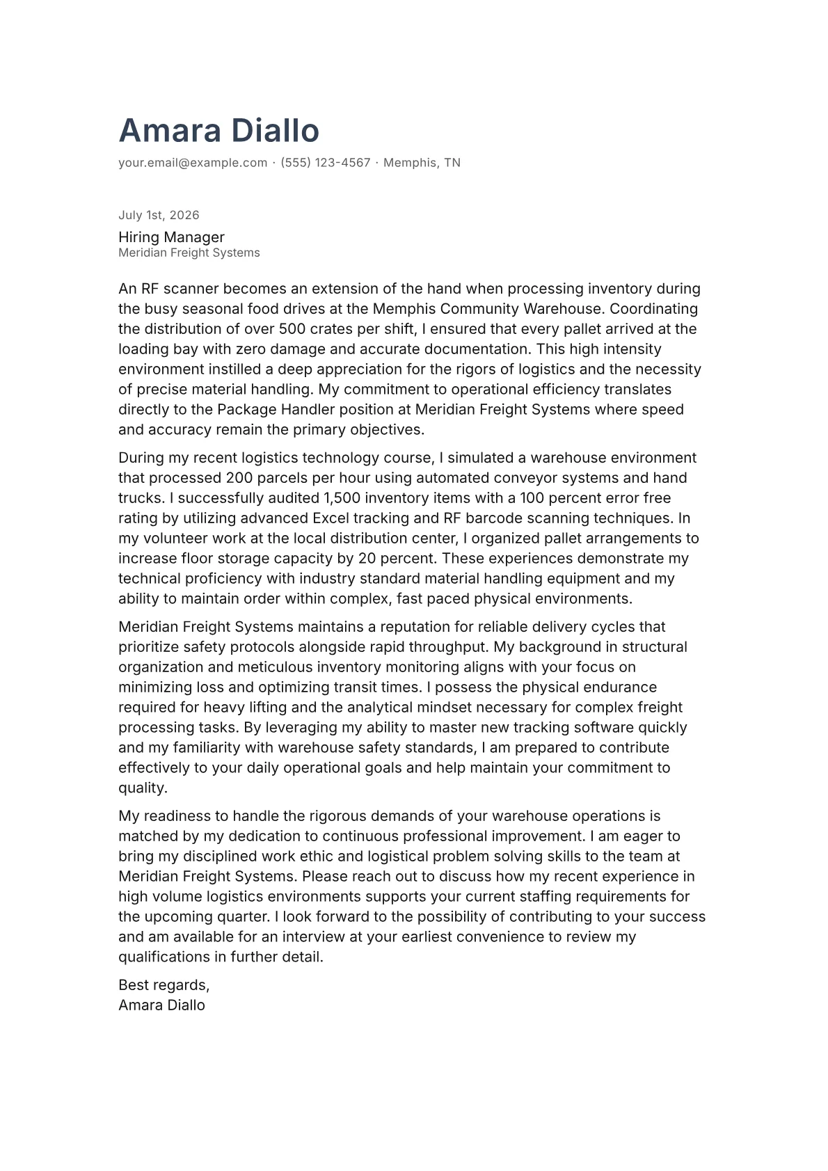 Package Handler cover letter in the Minimal design