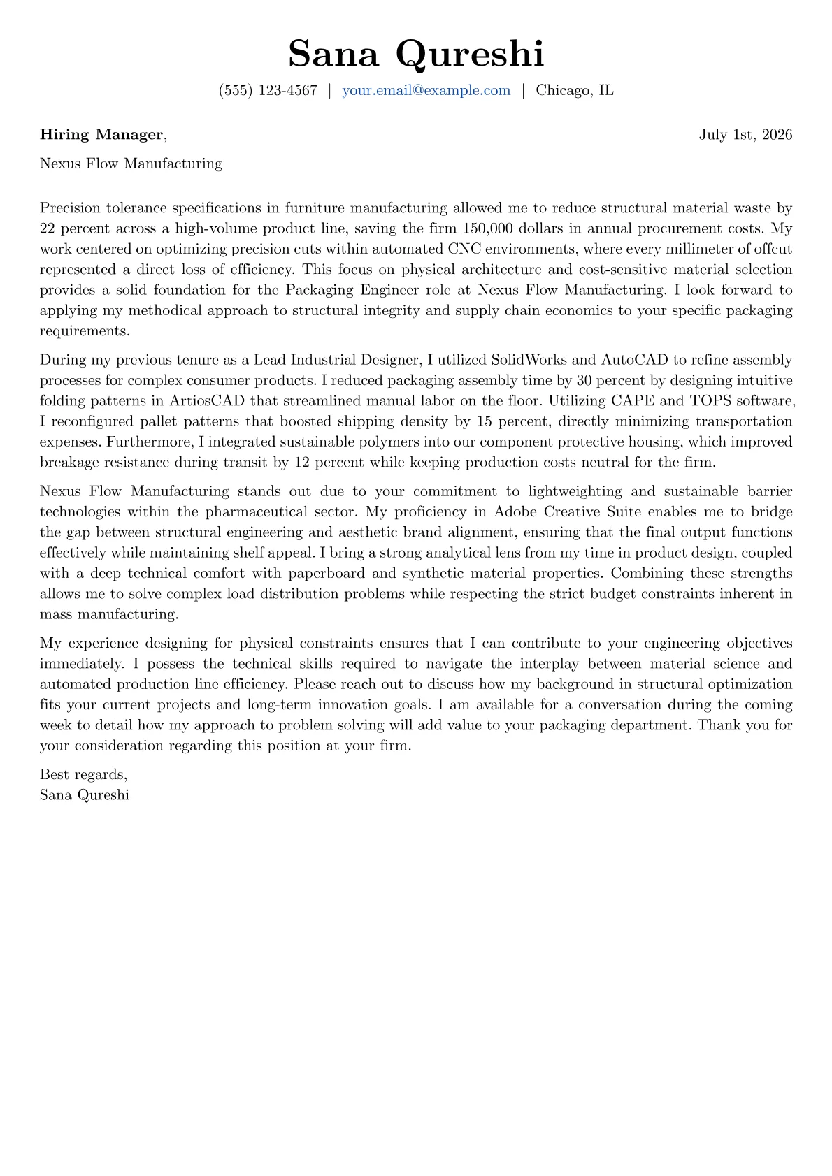 Packaging Engineer cover letter in the Basic design